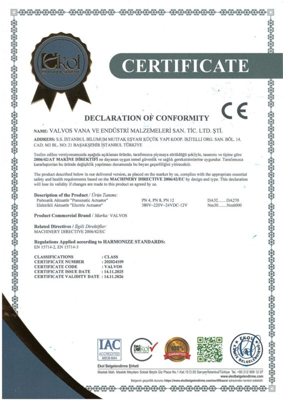 CE sertifikası Aktüatör