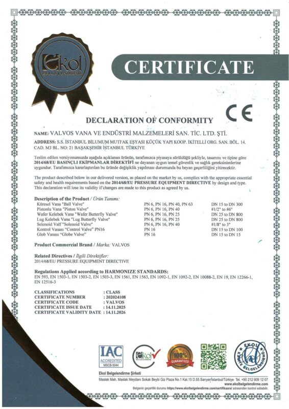 CE sertifikası Vanalar